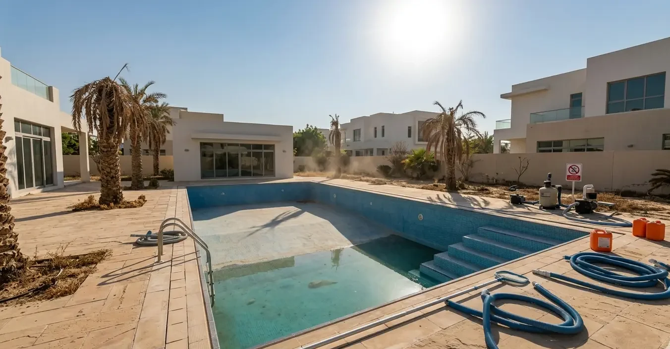 Emergency pool water shortage at Dubai villa with critically low water level water level